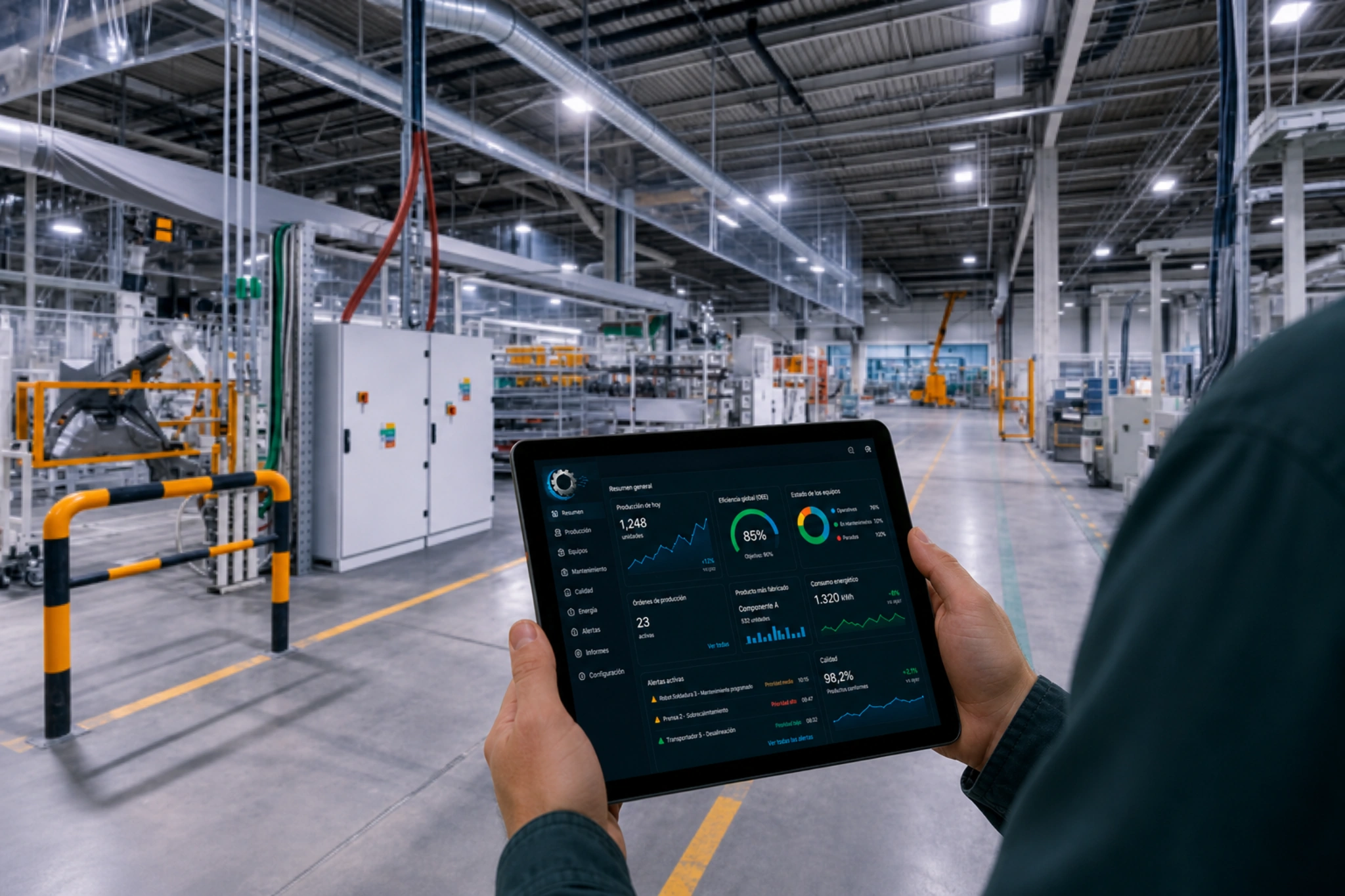 Dashboard industrial con KPIs de producción y monitorización en tiempo real